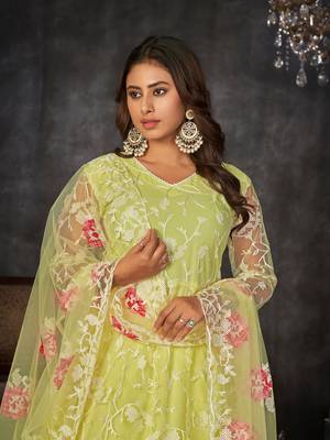 Yellow  Embroidered Work Net Semi Stitched Pant Party Wear Salwar Suit 3