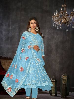 Sky Blue Embroidered Work Net Semi Stitched Pant Party Wear Salwar Suit 1