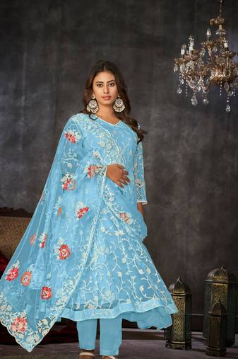 Sky Blue Embroidered Work Net Semi Stitched Pant Party Wear Salwar Suit