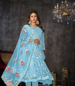 Sky Blue Embroidered Work Net Semi Stitched Pant Party Wear Salwar Suit