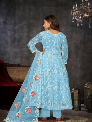 Sky Blue Embroidered Work Net Semi Stitched Pant Party Wear Salwar Suit 2
