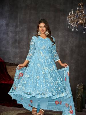 Sky Blue Embroidered Work Net Semi Stitched Pant Party Wear Salwar Suit 3