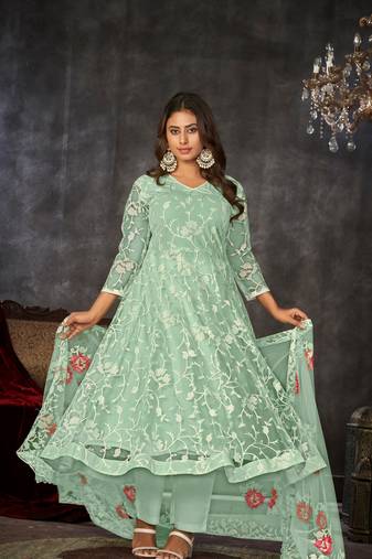 Pista Embroidered Work Net Semi Stitched Pant Party Wear Salwar Suit