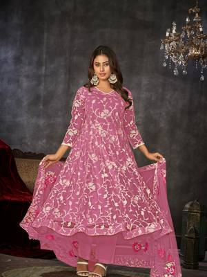 Pink Embroidered Work Net Semi Stitched Pant Party Wear Salwar Suit 1