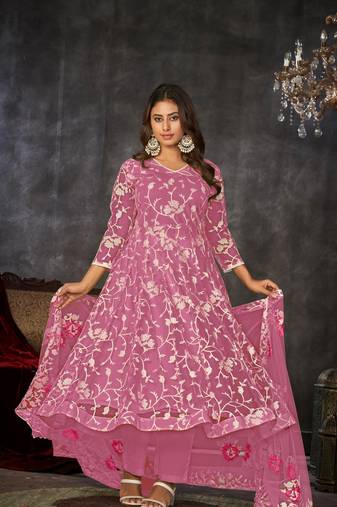 Pink Embroidered Work Net Semi Stitched Pant Party Wear Salwar Suit