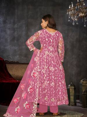 Pink Embroidered Work Net Semi Stitched Pant Party Wear Salwar Suit 2