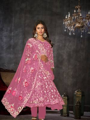 Pink Embroidered Work Net Semi Stitched Pant Party Wear Salwar Suit 3