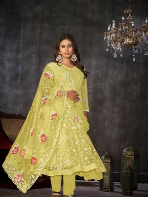 Yellow  Embroidered Work Net Semi Stitched Pant Party Wear Salwar Suit 1
