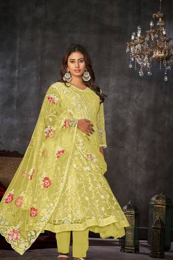 Yellow  Embroidered Work Net Semi Stitched Pant Party Wear Salwar Suit