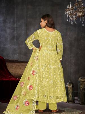 Yellow  Embroidered Work Net Semi Stitched Pant Party Wear Salwar Suit 2