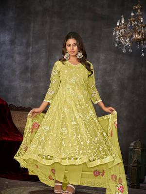 Yellow  Embroidered Work Net Semi Stitched Pant Party Wear Salwar Suit 3