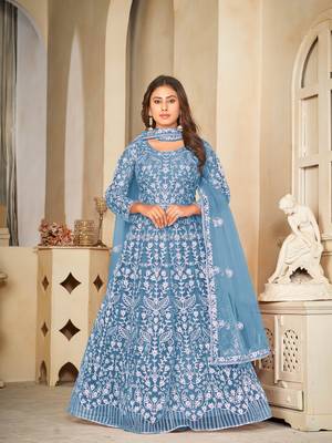 Sky Blue Embroidered Work Net Semi Stitched Pant Party Wear Salwar Suit 1