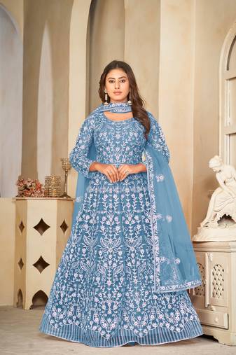 Sky Blue Embroidered Work Net Semi Stitched Pant Party Wear Salwar Suit