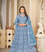 Sky Blue Embroidered Work Net Semi Stitched Pant Party Wear Salwar Suit