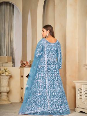 Sky Blue Embroidered Work Net Semi Stitched Pant Party Wear Salwar Suit 2