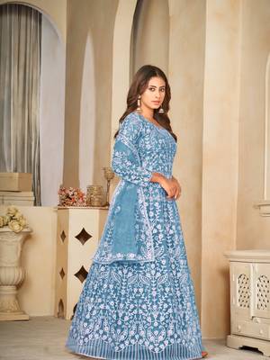 Sky Blue Embroidered Work Net Semi Stitched Pant Party Wear Salwar Suit 3