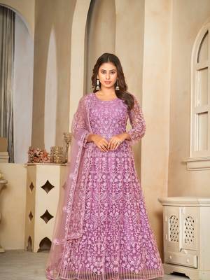 Purple Embroidered Work Net Semi Stitched Pant Party Wear Salwar Suit 1