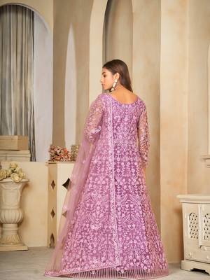 Purple Embroidered Work Net Semi Stitched Pant Party Wear Salwar Suit 2