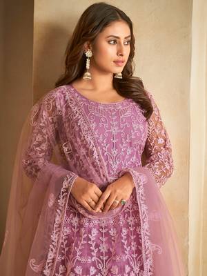 Purple Embroidered Work Net Semi Stitched Pant Party Wear Salwar Suit 3