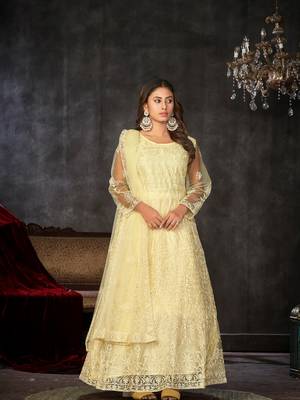 Yellow  Embroidered Work Net Semi Stitched Pant Party Wear Salwar Suit 1