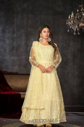 Yellow  Embroidered Work Net Semi Stitched Pant Party Wear Salwar Suit