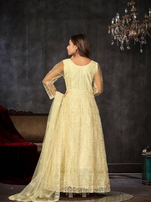Yellow  Embroidered Work Net Semi Stitched Pant Party Wear Salwar Suit 2