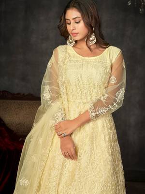 Yellow  Embroidered Work Net Semi Stitched Pant Party Wear Salwar Suit 3