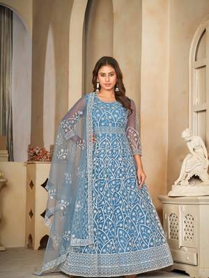 Sky Blue Embroidered Work Net Semi Stitched Pant Party Wear Salwar Suit 1