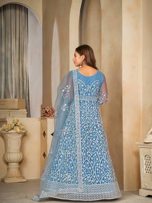 Sky Blue Embroidered Work Net Semi Stitched Pant Party Wear Salwar Suit 2