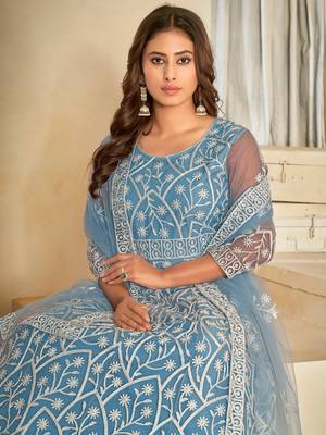 Sky Blue Embroidered Work Net Semi Stitched Pant Party Wear Salwar Suit 3