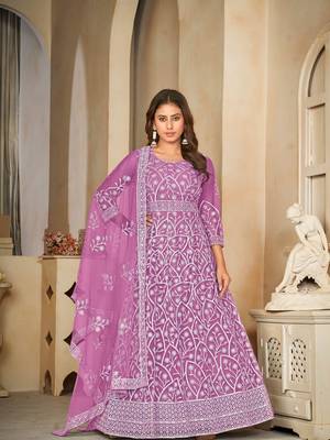 Purple Embroidered Work Net Semi Stitched Pant Party Wear Salwar Suit 1