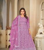 Purple Embroidered Work Net Semi Stitched Pant Party Wear Salwar Suit