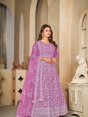 Purple Embroidered Work Net Semi Stitched Pant Party Wear Salwar Suit 3