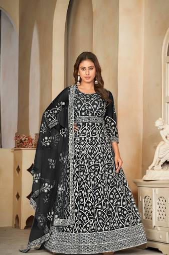 Black Embroidered Work Net Semi Stitched Pant Party Wear Salwar Suit