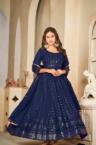 Blue Embroidered Work Georgette Semi Stitched Pant Party Wear Salwar Suit