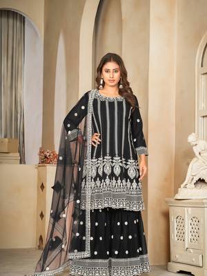 Black Embroidered Work Georgette Semi Stitched Sharara Party Wear Salwar Suit 1