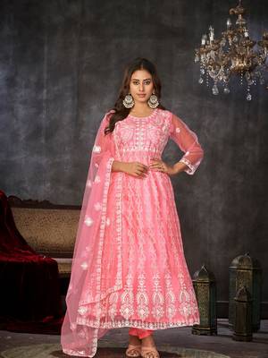 Peach Embroidered Work Net Semi Stitched Pant Party Wear Salwar Suit 1