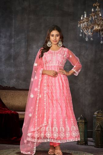 Peach Embroidered Work Net Semi Stitched Pant Party Wear Salwar Suit