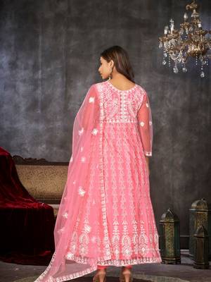 Peach Embroidered Work Net Semi Stitched Pant Party Wear Salwar Suit 2