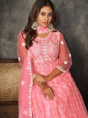 Peach Embroidered Work Net Semi Stitched Pant Party Wear Salwar Suit 3