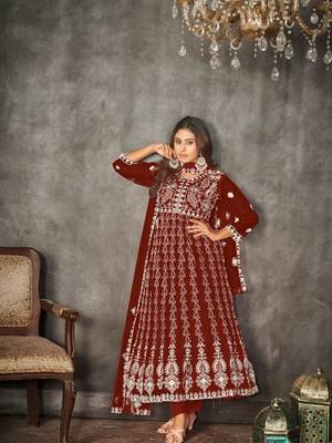 Maroon Embroidered Work Net Semi Stitched Pant Party Wear Salwar Suit 1