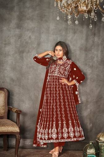 Maroon Embroidered Work Net Semi Stitched Pant Party Wear Salwar Suit