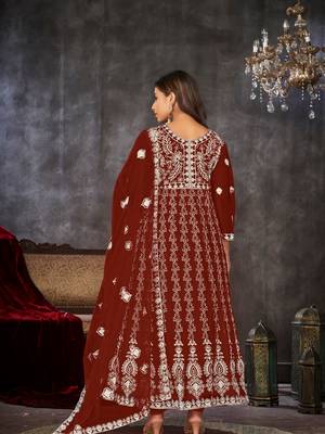 Maroon Embroidered Work Net Semi Stitched Pant Party Wear Salwar Suit 2