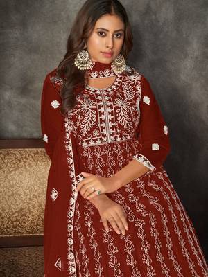 Maroon Embroidered Work Net Semi Stitched Pant Party Wear Salwar Suit 3