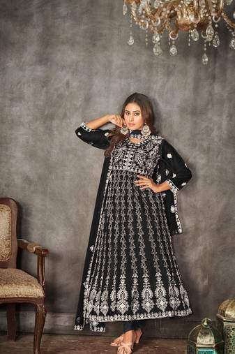 Black Embroidered Work Net Semi Stitched Pant Party Wear Salwar Suit