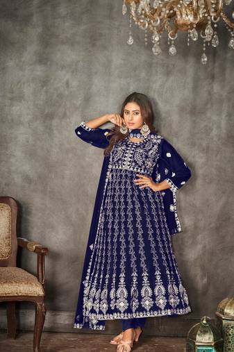 Blue Embroidered Work Net Semi Stitched Pant Party Wear Salwar Suit
