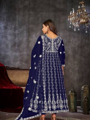 Blue Embroidered Work Net Semi Stitched Pant Party Wear Salwar Suit 2