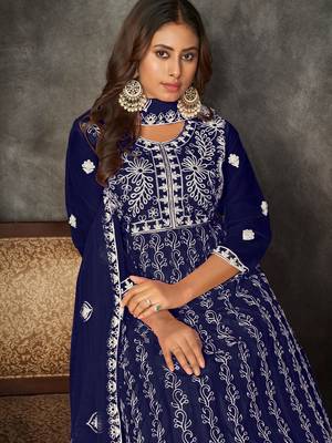Blue Embroidered Work Net Semi Stitched Pant Party Wear Salwar Suit 3