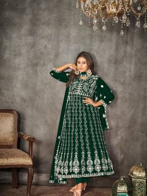 Green Embroidered Work Net Semi Stitched Pant Party Wear Salwar Suit 1