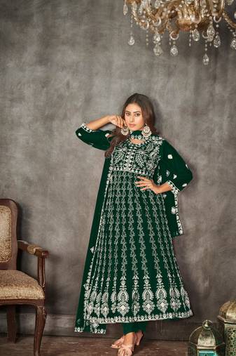 Green Embroidered Work Net Semi Stitched Pant Party Wear Salwar Suit